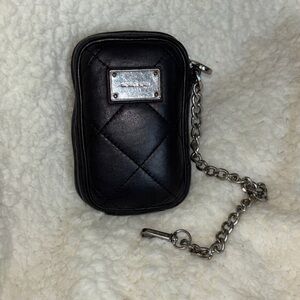 Unisex Michael Kors Black Leather Pouch with Silver Chain